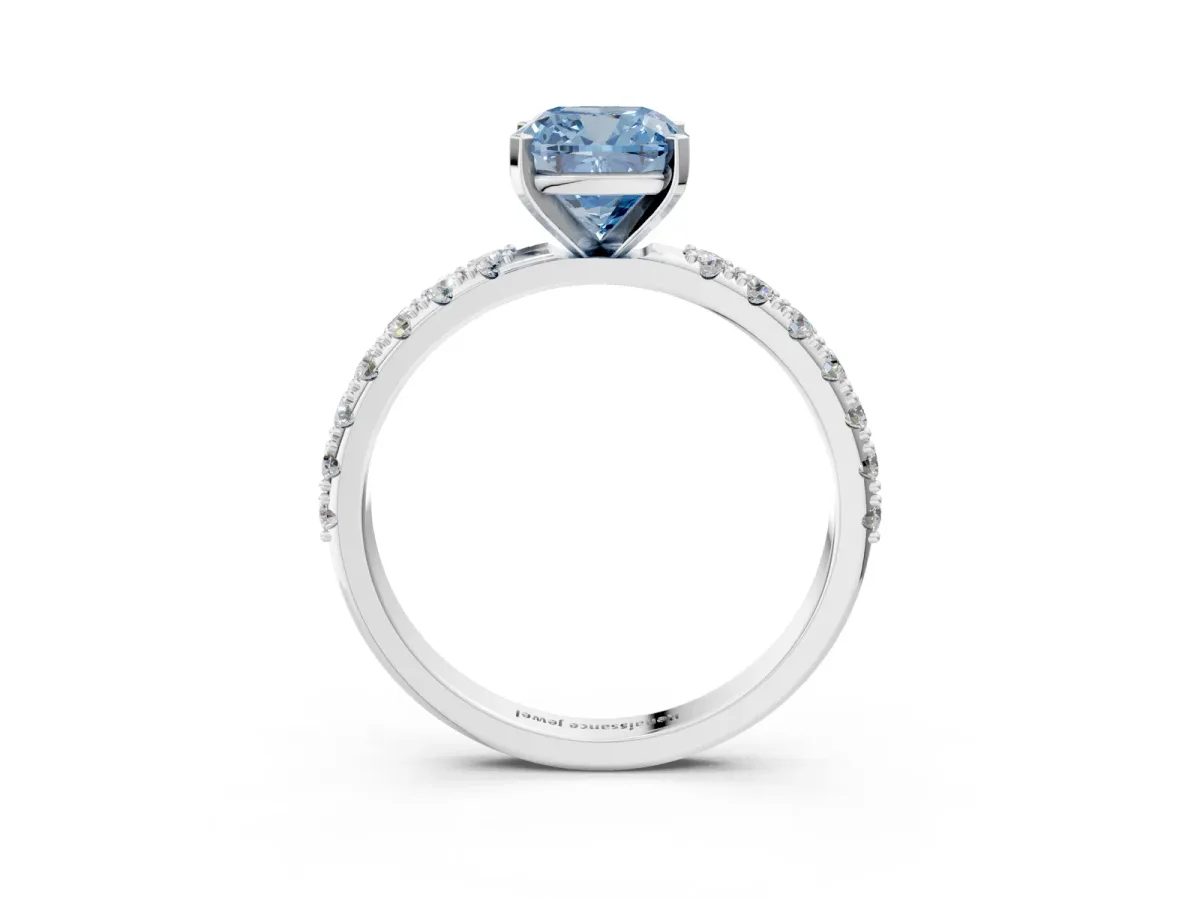 Fancy Blue Cushion Cut Diamond Solitaire Pavé Band with Four-Prong Setting Silver