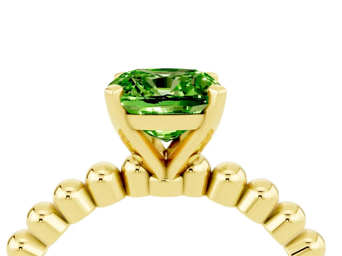 Cushion Cut Peridot Solitaire Ring with Beaded Band and Prong Setting Yellow gold