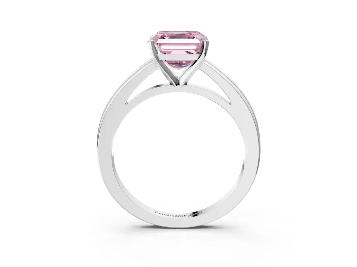 Fancy Pink Asscher Cut Solitaire Diamond Ring with Four-Prong Setting and Classic Band Platinum