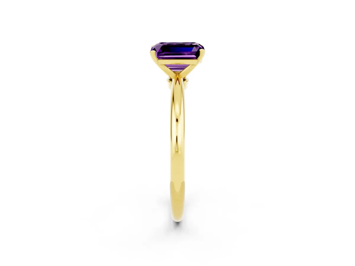Emerald Cut Amethyst Solitaire Ring with Six-Prong Setting and Classic Band Yellow gold