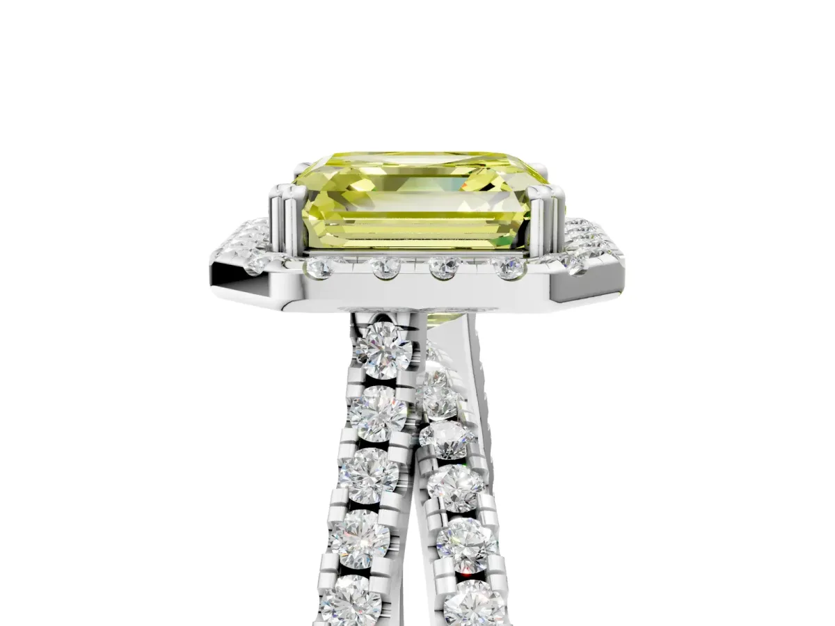 Fancy Yellow Asscher Cut Halo Split Shank Diamond Ring with Pavé Setting Platinum