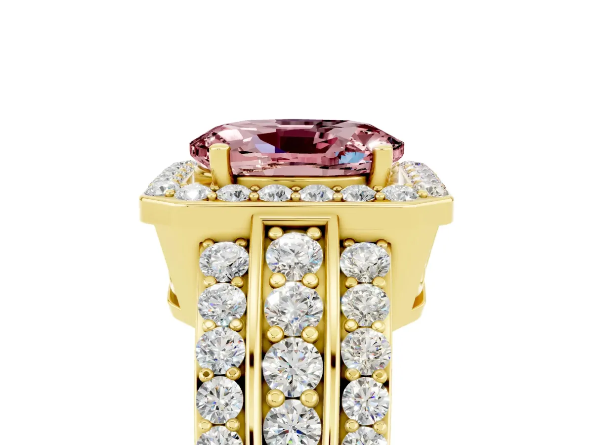 Oval Cut Halo Morganite Ring with Round Split Shank and Prong Setting Yellow gold