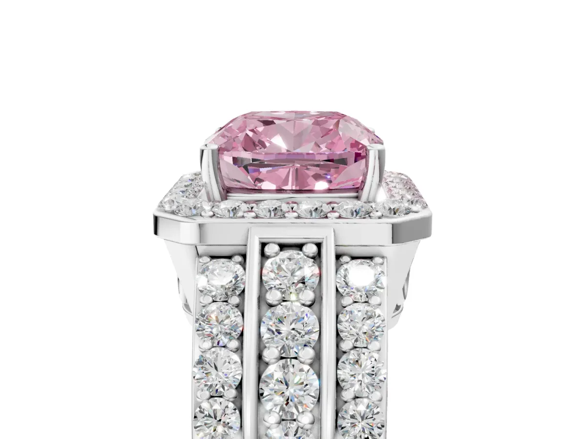 Fancy Pink Cushion Cut Halo Diamond Ring with Round Split Shank and Prong Setting Platinum