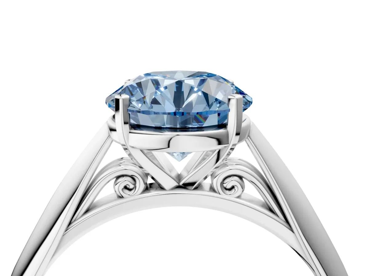 Fancy Blue Round Cut Diamond Solitaire Engagement Ring with Cathedral Setting and Four-Prong Mount White gold