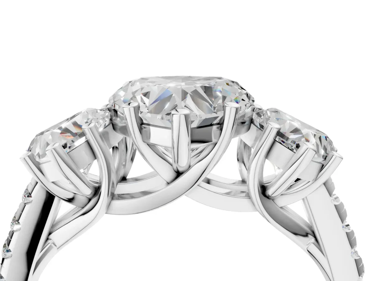Three-Stone Heart Cut Diamond Ring with Round Moissanite Pavé Band and Prong Setting Silver