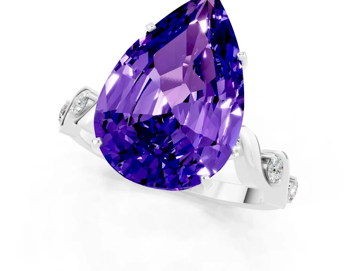 Pear Cut Tanzanite Solitaire Twisted Band with Round Accents and Prong Setting Silver