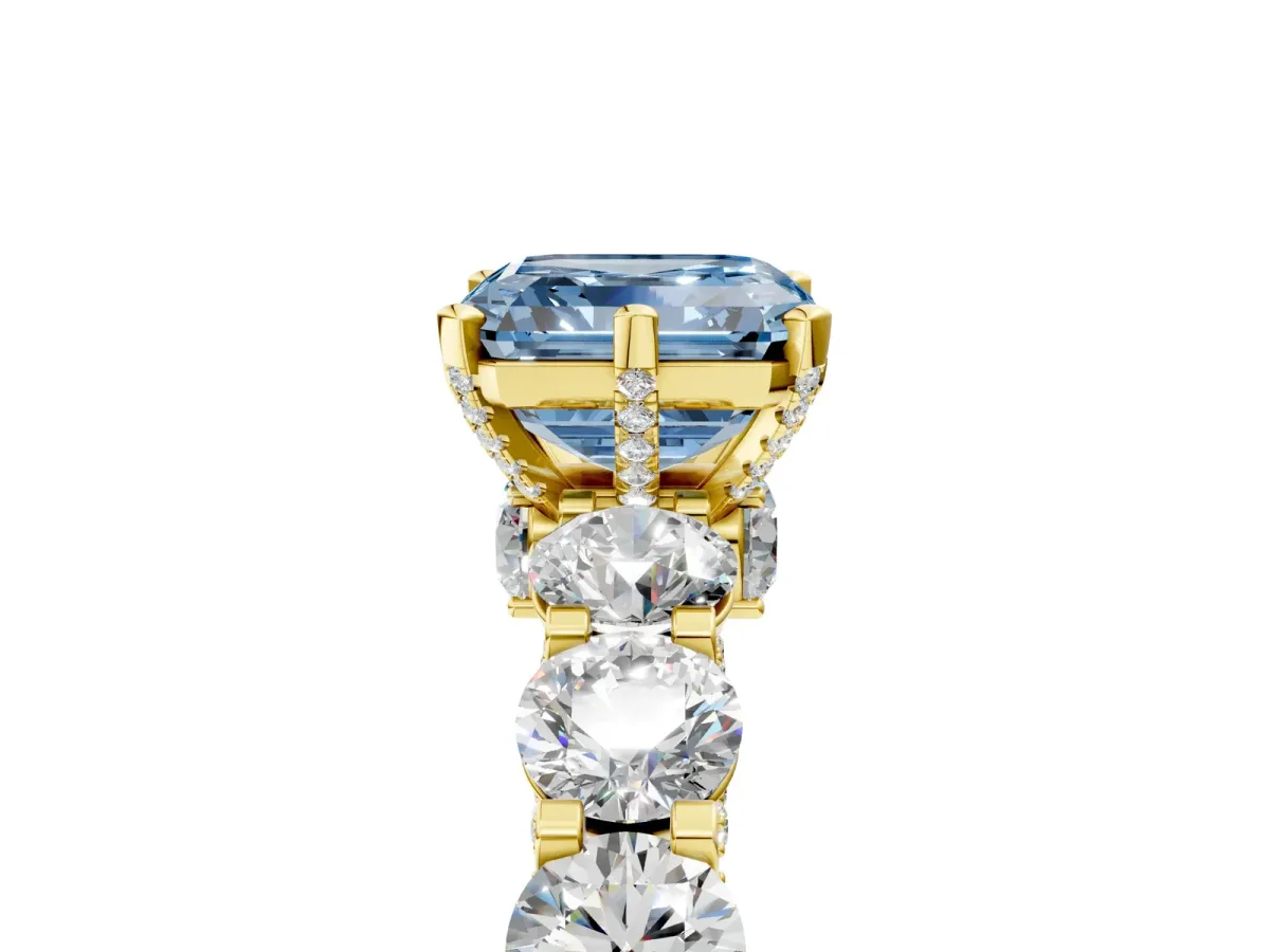 Fancy Blue Asscher Cut Diamond Side Stone Engagement Ring with Four-Prong Setting Yellow gold