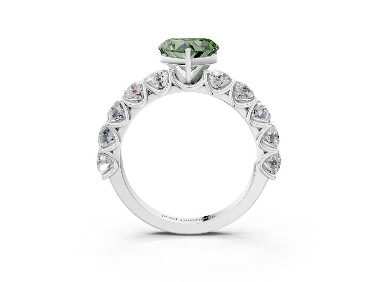 Fancy Green Heart Cut Diamond Prong Setting with Side Stones on a Pave Band Silver