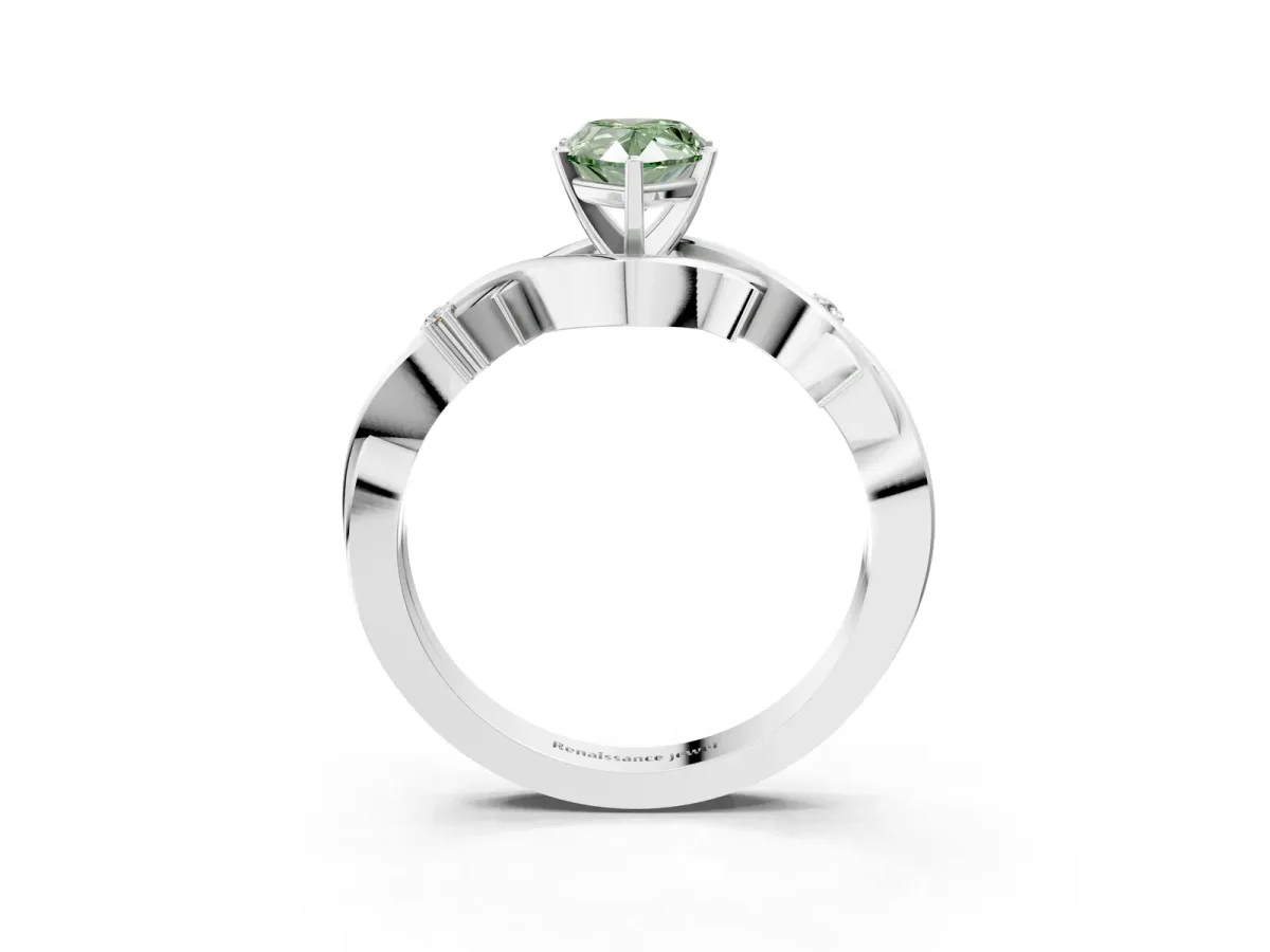 Fancy Green Pear Cut Diamond Solitaire Ring with Twisted Band and Prong Setting Platinum