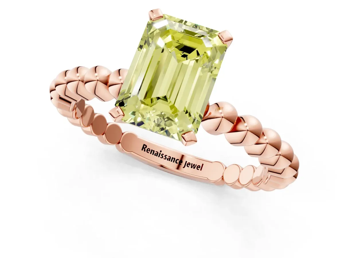 Fancy Yellow Emerald Cut Diamond Solitaire Ring with Beaded Band and Prong Setting Rose gold