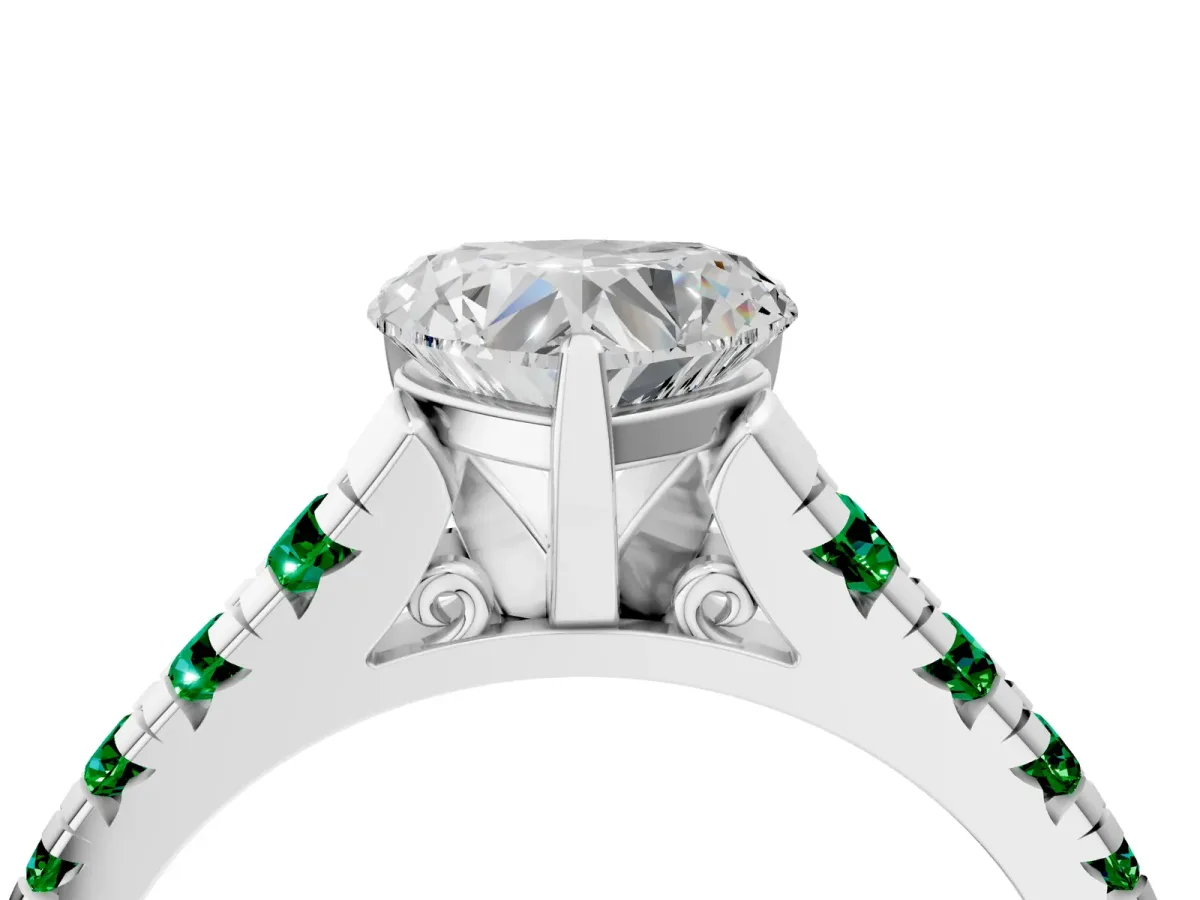 Heart Cut Diamond Cathedral Solitaire Ring with Round Emerald Pavé Band Silver