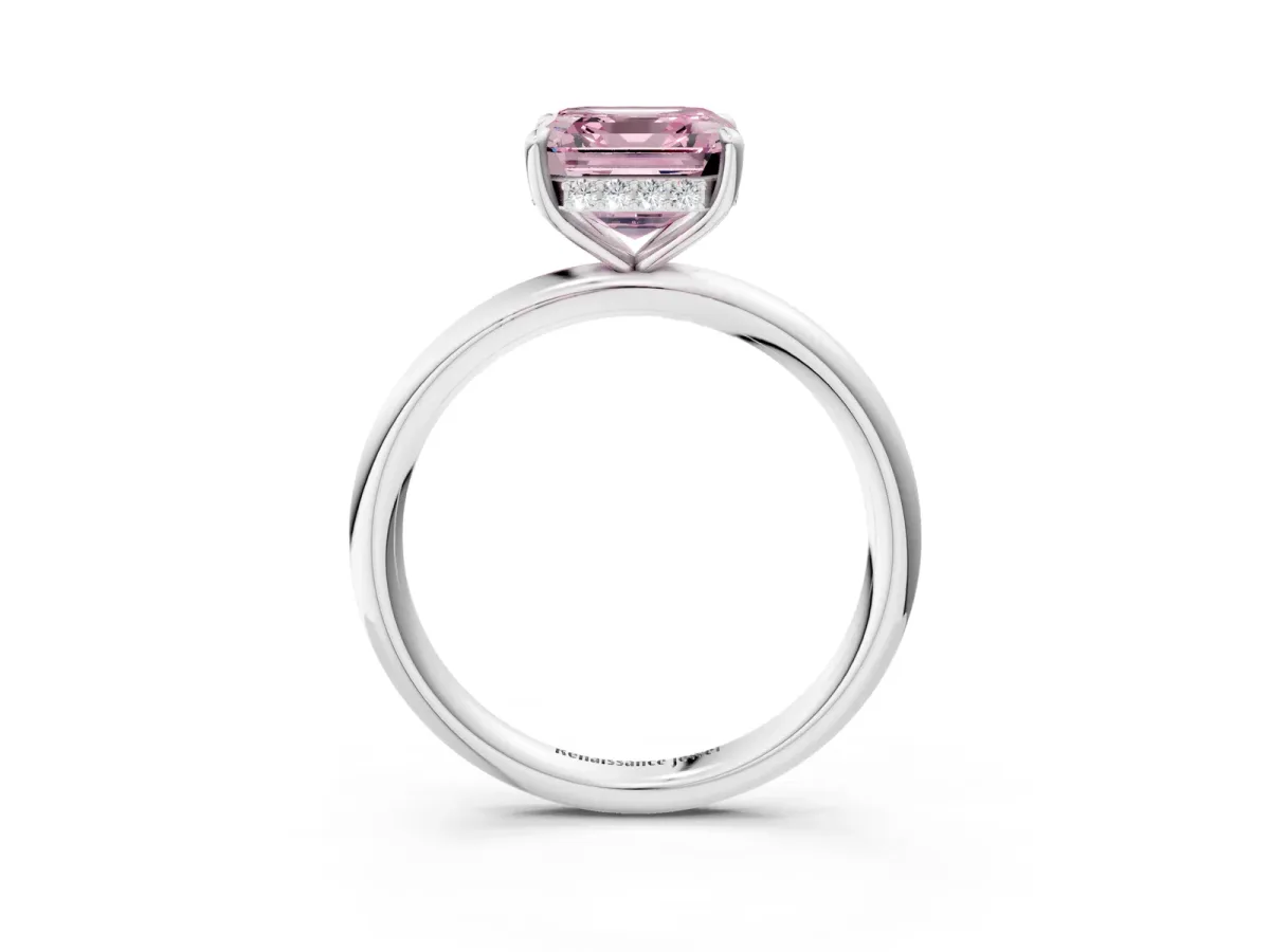 Fancy Pink Asscher Cut Diamond Solitaire Ring with Thin Band and Four-Prong Setting Platinum