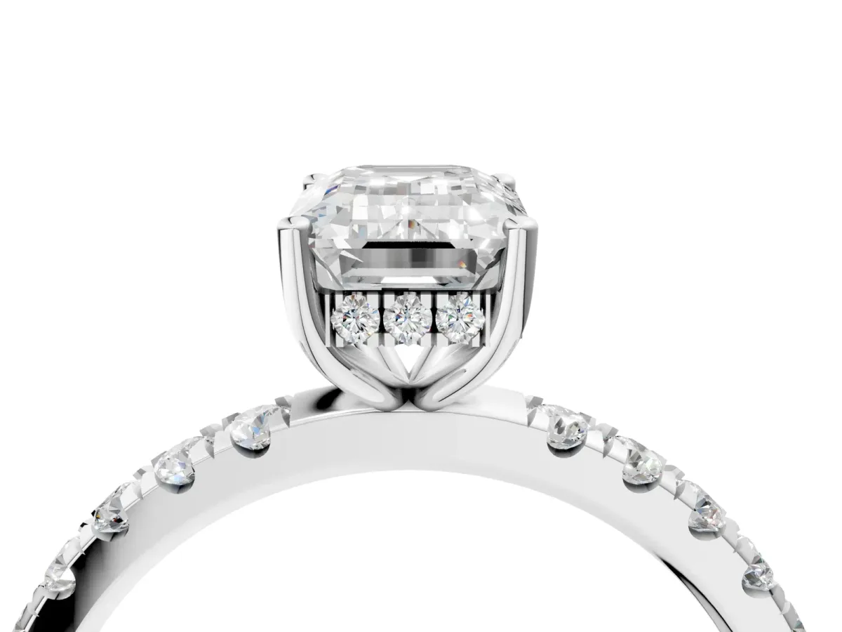 Emerald Cut Diamond Pave Band Solitaire Ring with Round Moissanite and Prong Setting Platinum