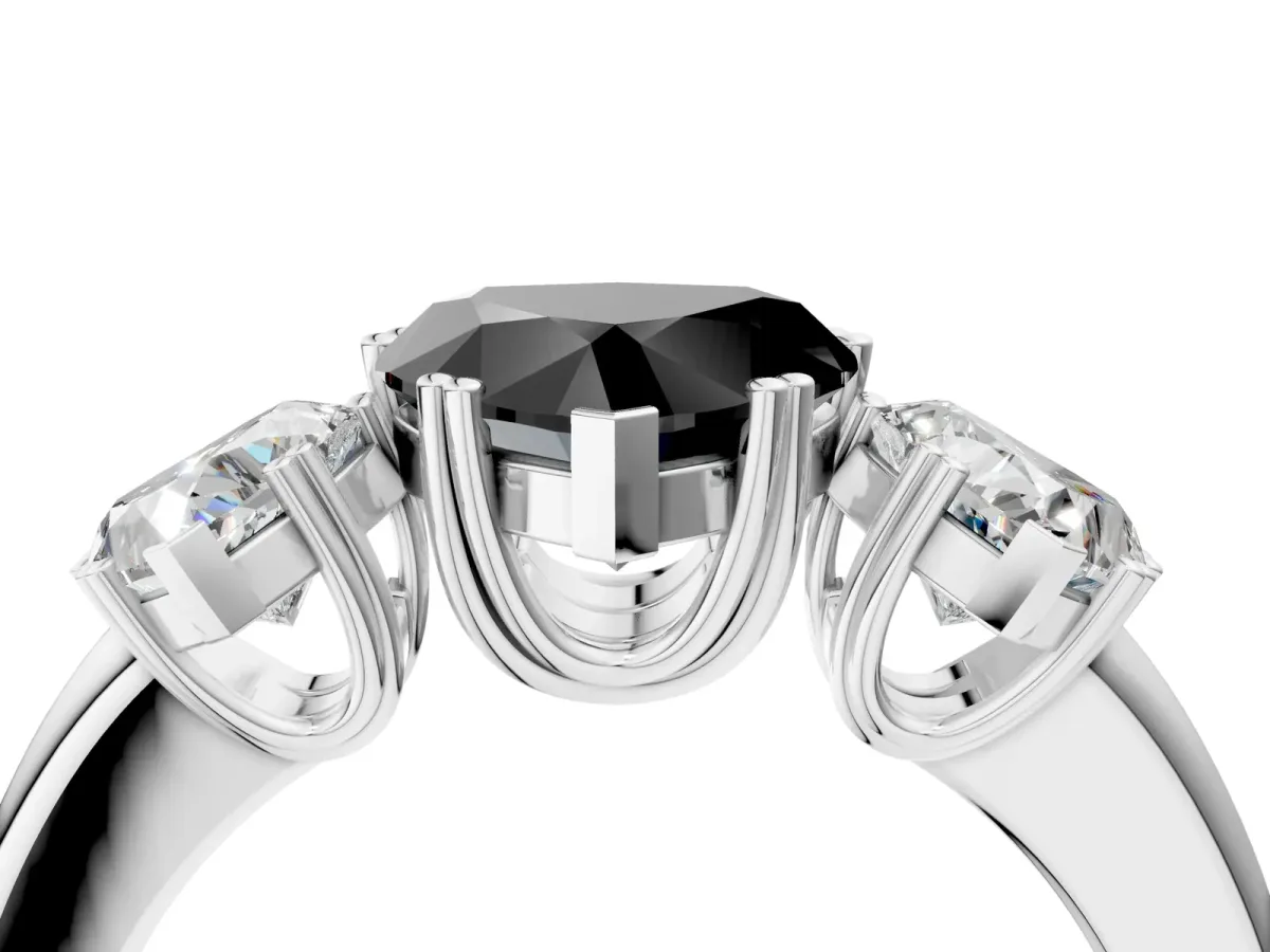Fancy Black Three-Stone Heart Cut Cut Diamond Ring with Channel Set Band and Four-Prong Setting Silver