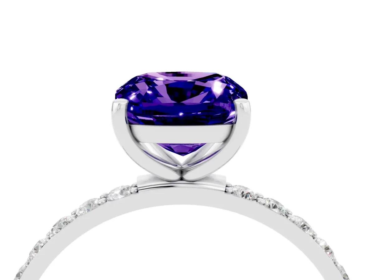 Cushion Cut Tanzanite Solitaire Ring with Round Pavé Band and Prong Setting Silver
