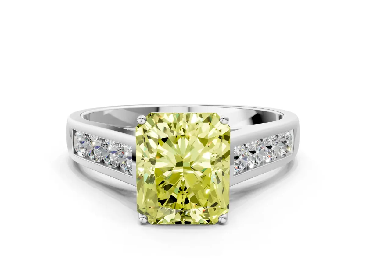 Fancy Yellow Radiant Cut Brilliant Channel-Set Solitaire Ring with Four-Prong Setting Platinum
