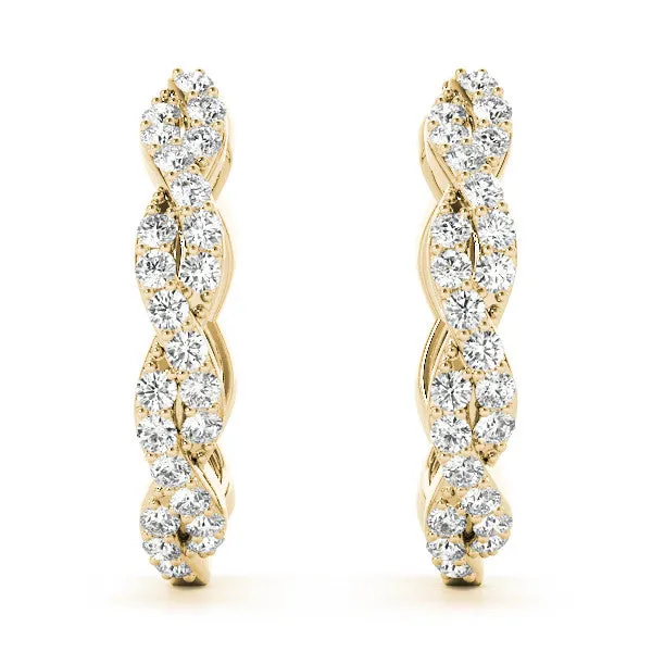 Pave Round Diamond Twisted Hoop Earrings with Shared Prong Setting Yellow gold