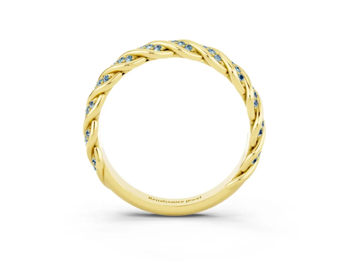 Twisted Pavé Round Aquamarine Eternity Band with Shared Prong Setting Yellow gold