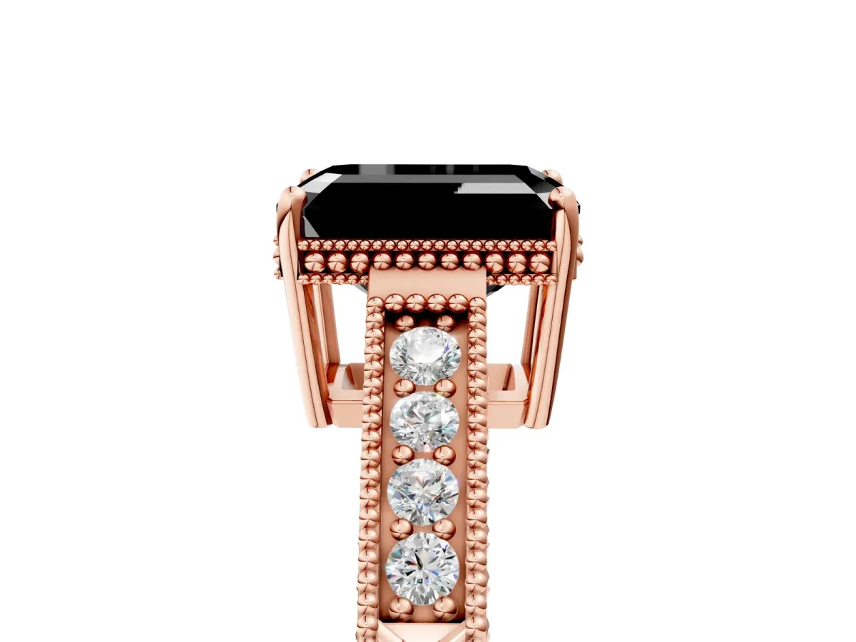 Fancy Black Emerald Cut Cut Diamond Milgrain Pave Band Four-Prong Setting Ring Rose gold