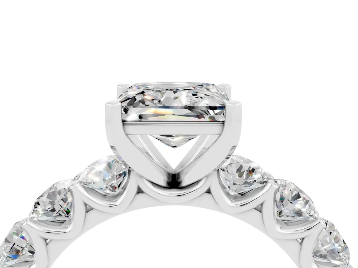 Princess Cut Moissanite Prong Setting with Side Stones on a Pave Band Silver