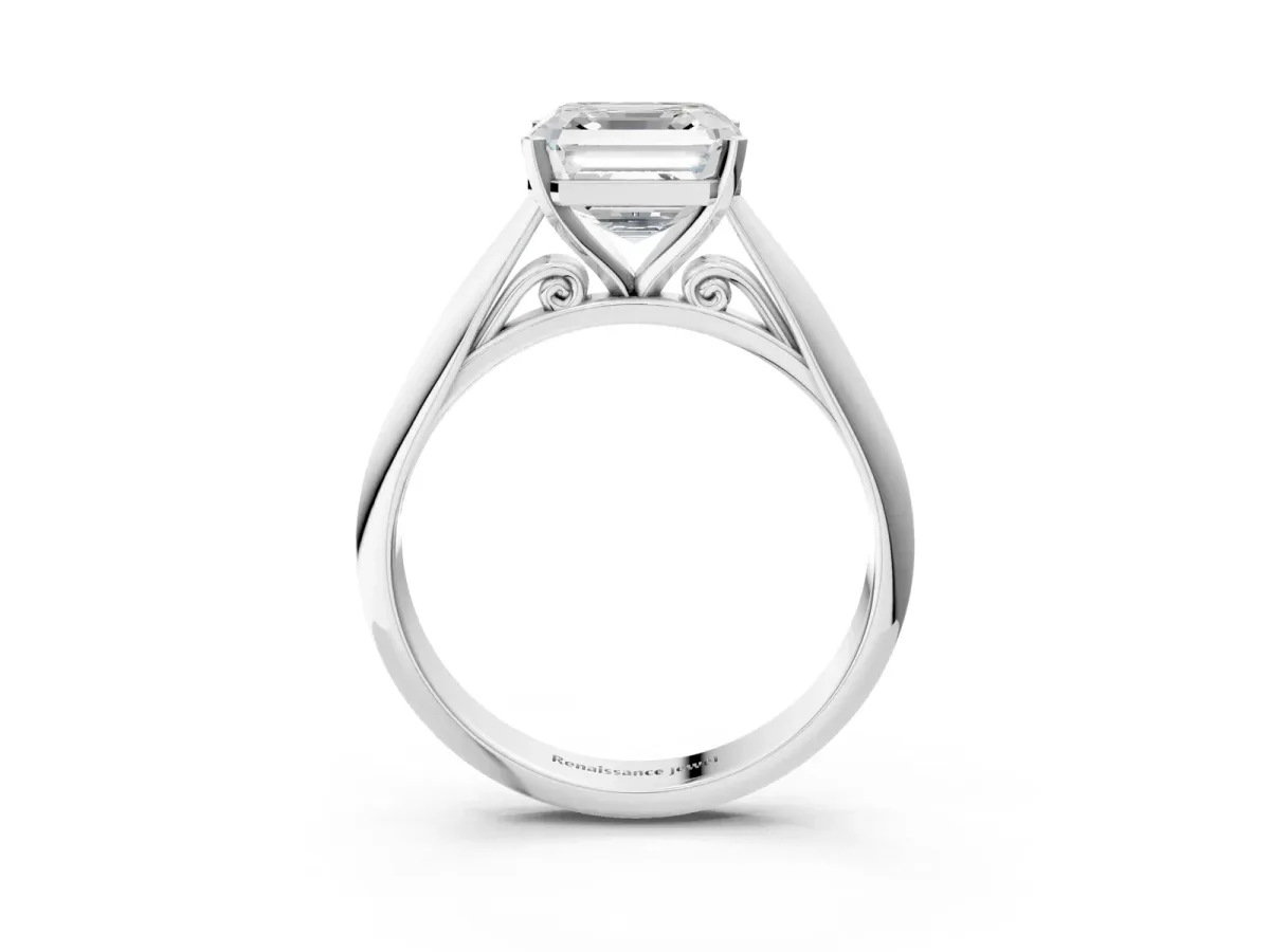 Asscher Cut Diamond Solitaire Engagement Ring with Cathedral Setting and Four-Prong Mount White gold