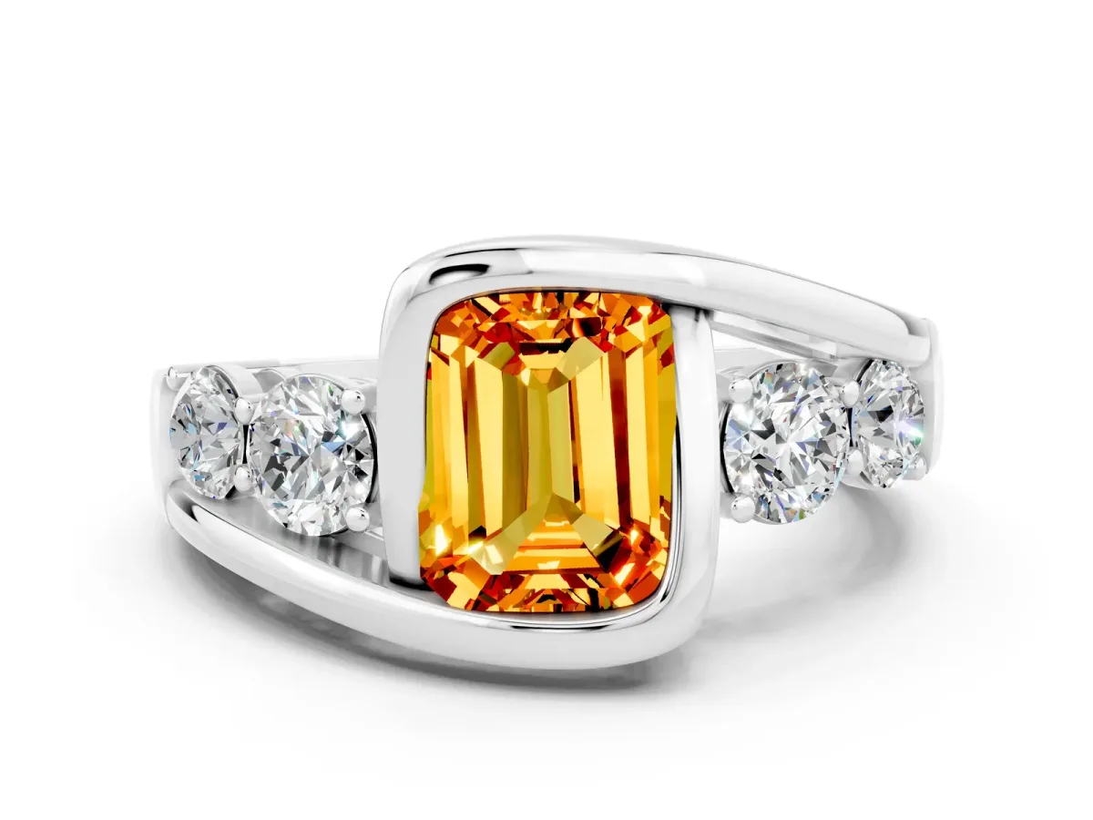 Bezel Set Emerald Cut Citrine Bypass Ring with Round Accents Platinum
