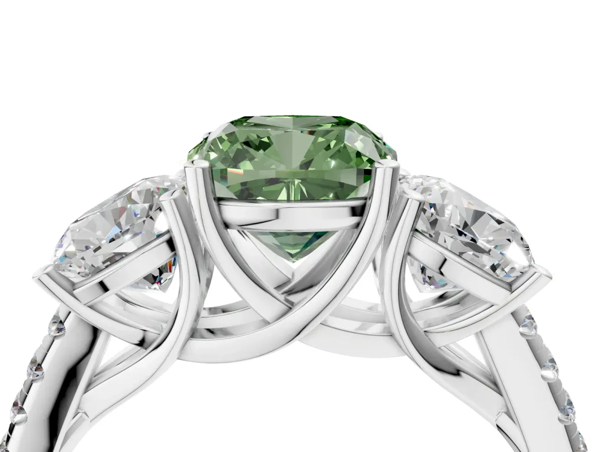 Fancy Green Three-Stone Cushion Cut Diamond Ring with Round Pavé Band and Prong Setting Silver
