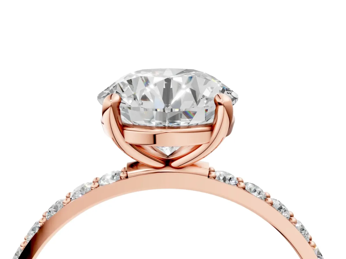Round Cut Diamond Solitaire Ring with Round Pavé Band and Prong Setting Rose gold