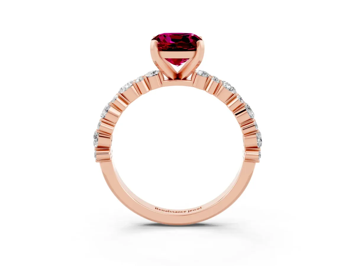 Cushion Cut Garnet Side Stone Solitaire Ring with Round and Four-Prong Setting Rose gold