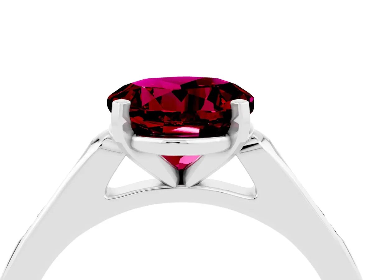 Round Cut Garnet Solitaire Ring with Channel Set Round Band and Prong Setting Silver