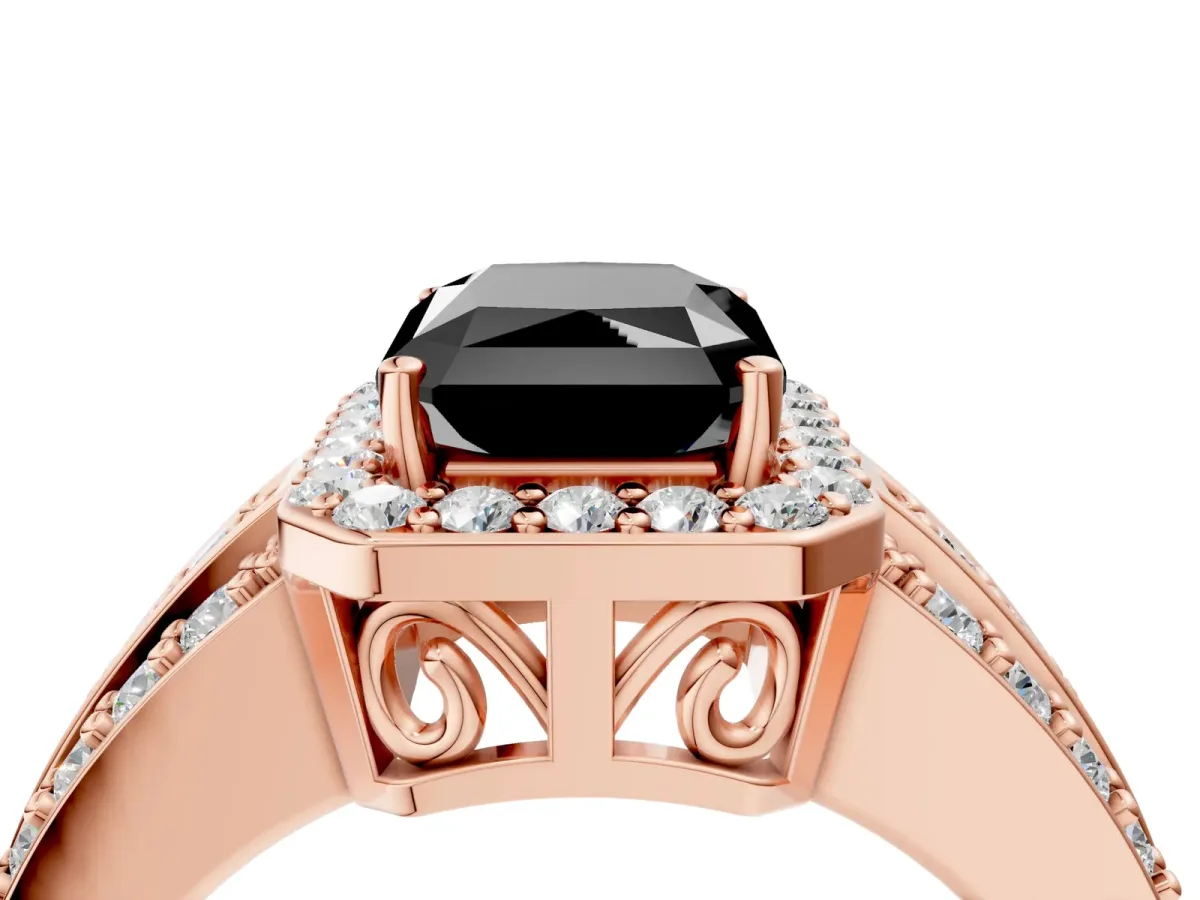 Fancy Black Radiant Cut Halo Diamond Ring with Round Split Shank and Prong Setting Rose gold