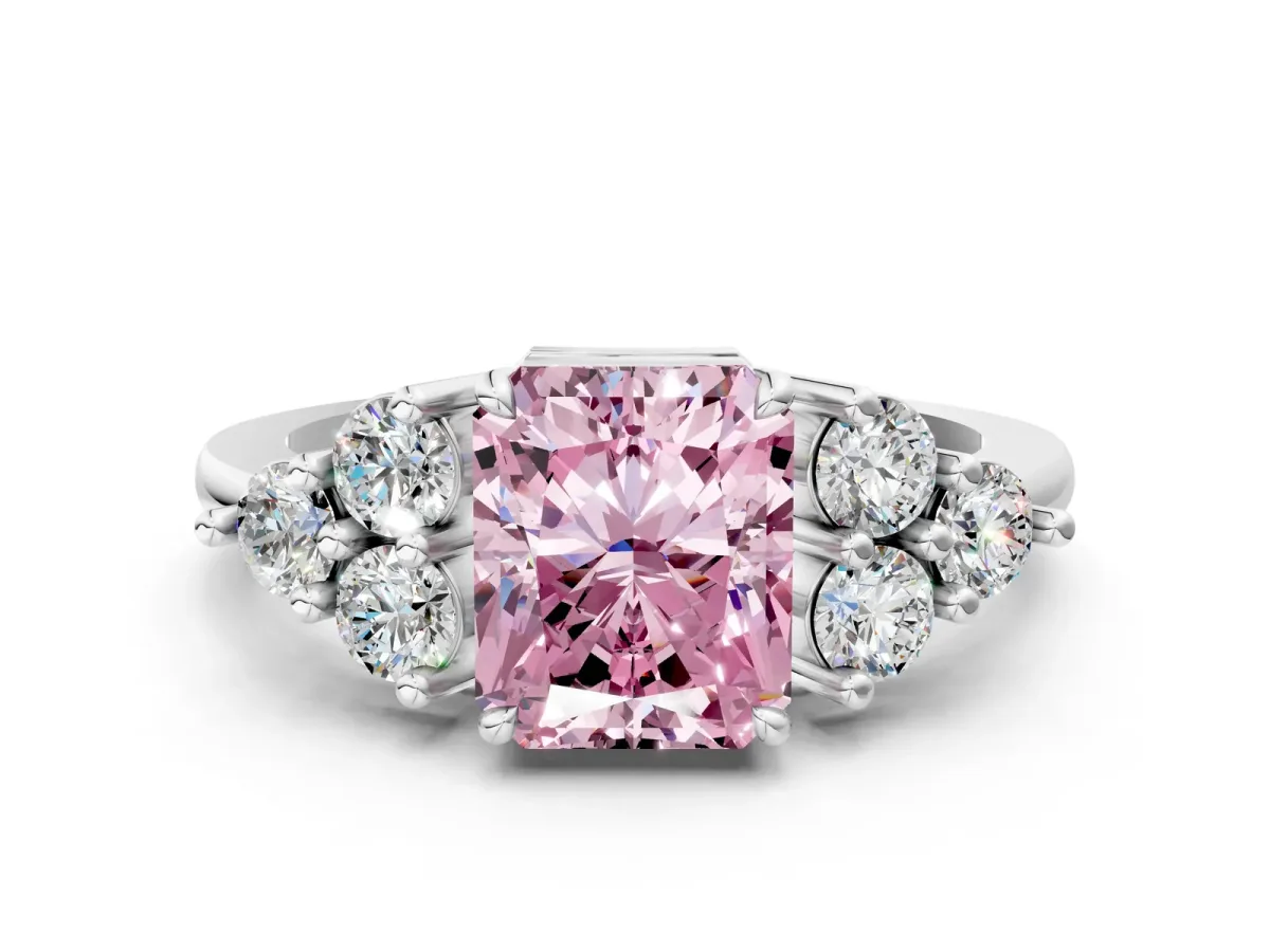 Fancy Pink Radiant Cut Brilliant Diamond Cluster Accent Solitaire Ring with Prong Setting Platinum
