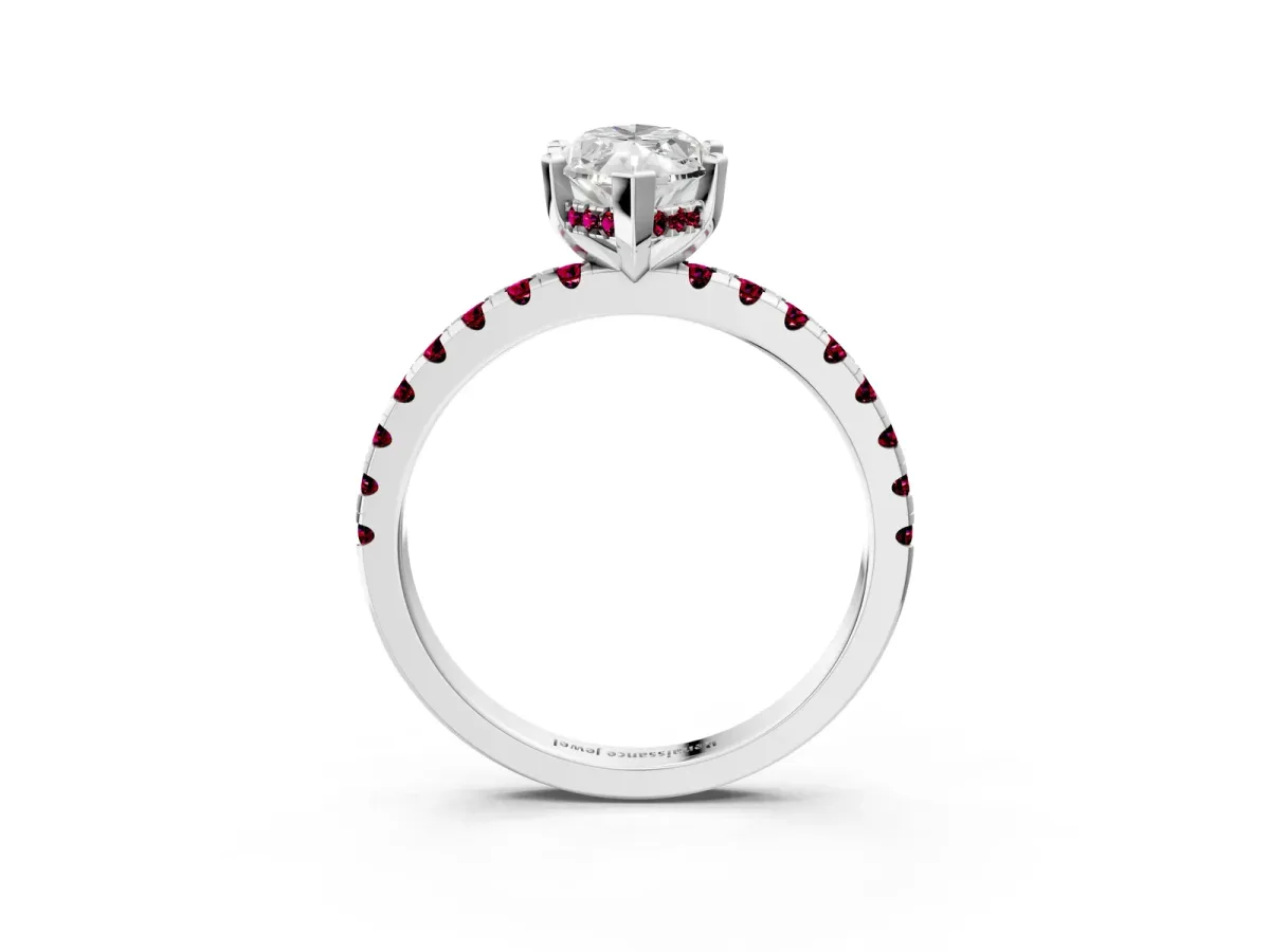 Marquise Cut Diamond Solitaire Ring with Round Garnet Pavé Band and Four-Prong Setting Silver