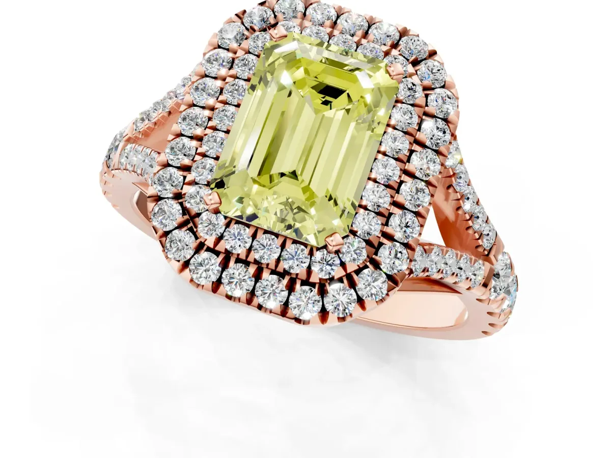 Fancy Yellow Emerald Cut Diamond Double Halo Ring with Split Shank and Prong Setting Rose gold