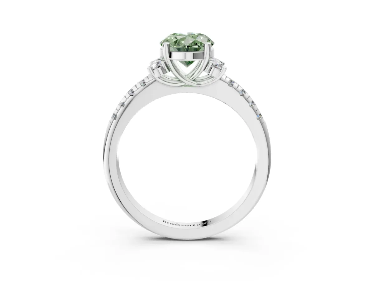 Fancy Green Oval Cut Diamond Three-Stone Pave Band with Four-Prong Setting Silver