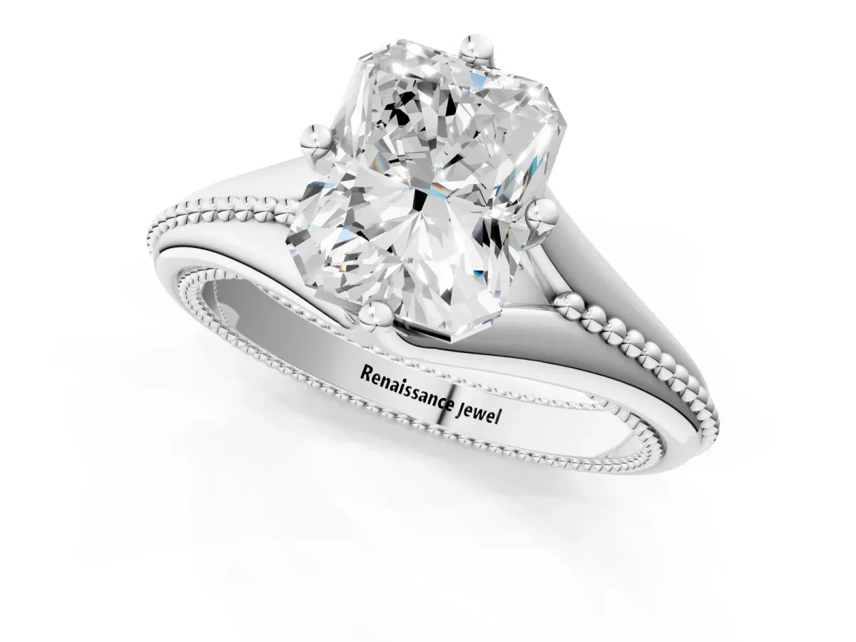 Radiant Cut Solitaire Beaded Band Six-Prong Setting Platinum