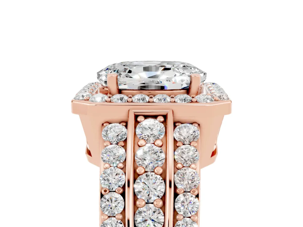 Oval Cut Halo Moissanite Ring with Round Split Shank and Prong Setting Rose gold