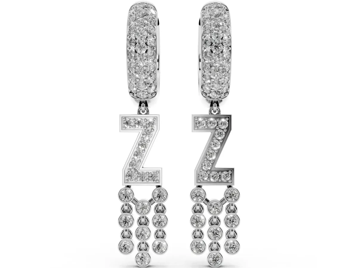 Round Diamond Initial Z Huggie Hoop Earrings White gold