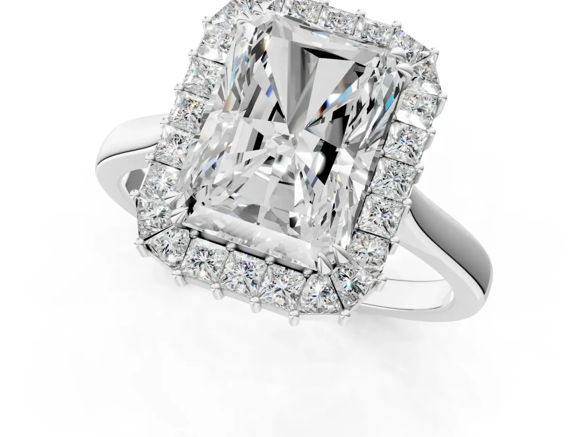Radiant Diamond Baguette Halo Engagement Ring Silver