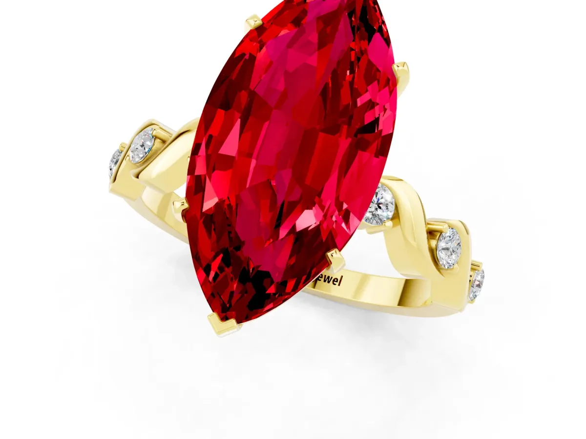 Marquise Cut Ruby Solitaire Twisted Band with Round Accents and Prong Setting Yellow gold