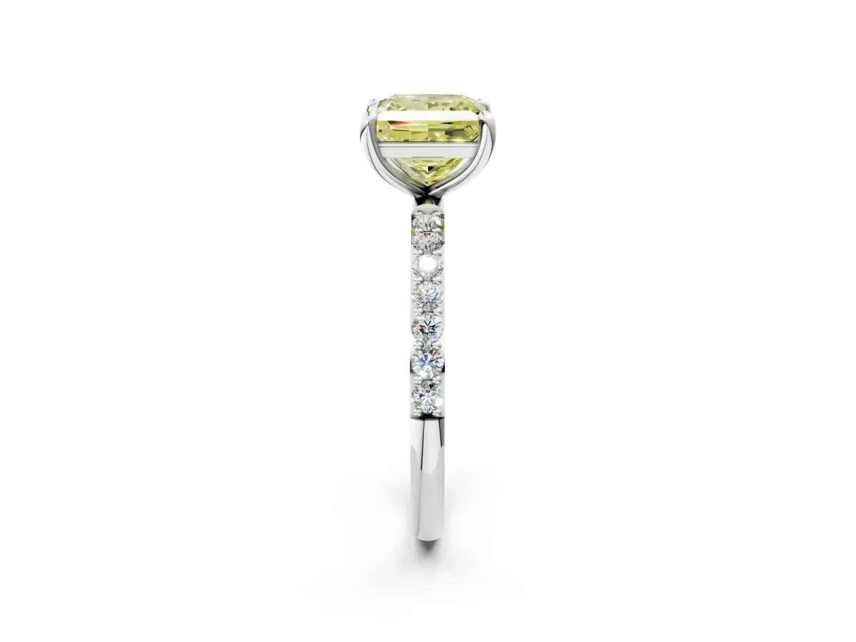 Fancy Yellow Princess Cut Diamond Solitaire Ring with Round Pavé Band and Prong Setting Silver