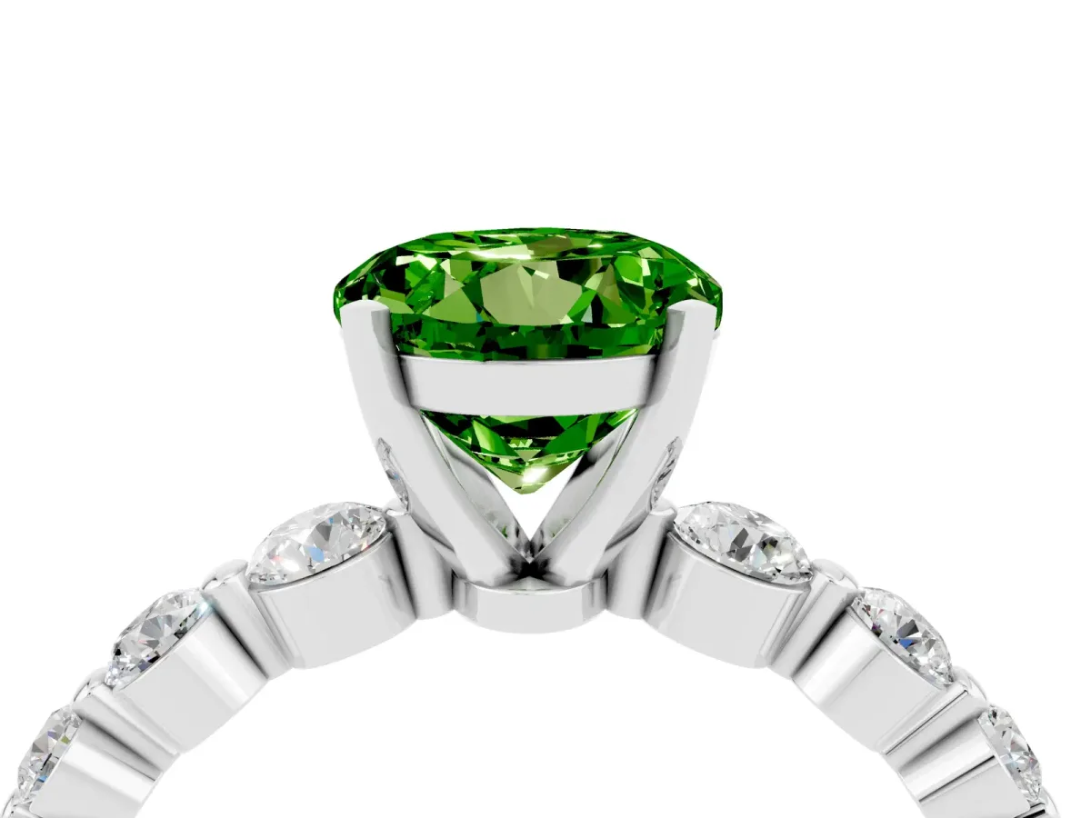 Round Cut Solitaire Peridot Ring with Pave Band and Four-Prong Setting Platinum