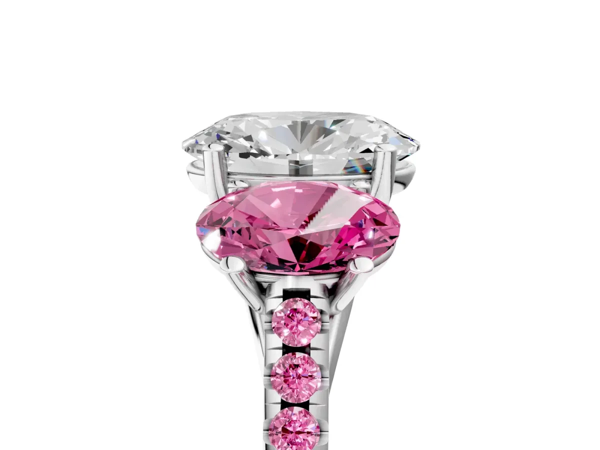 Three-Stone Oval Cut Diamond Ring with Round Pink Sapphire Pavé Band and Prong Setting Silver