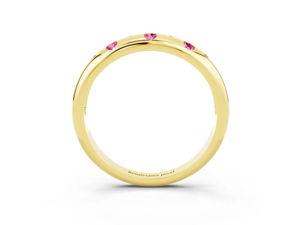 Round Pink Sapphire Flush-Set Comfort Fit Band Yellow gold