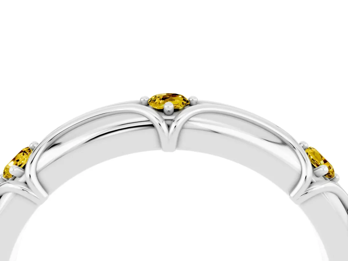 Round Yellow Sapphire Prong Set Milgrain Eternity Band Silver