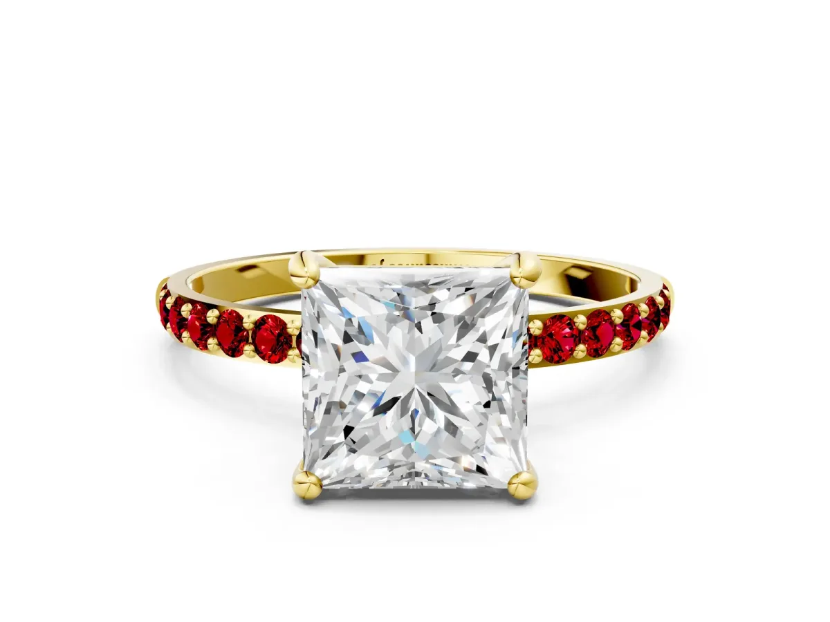 Princess Cut Diamond Solitaire Ring with Round Ruby Pavé Band and Prong Setting Yellow gold