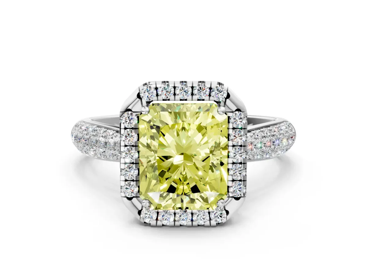 Fancy Yellow Radiant Cut Cut Halo Pave Band Four-Prong Setting Ring Platinum