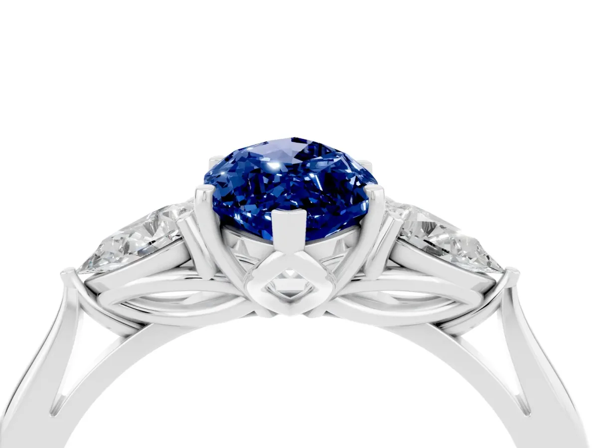Marquise Cut Blue Sapphire Three-Stone Ring with Pear Side Stones and Prong Setting White gold