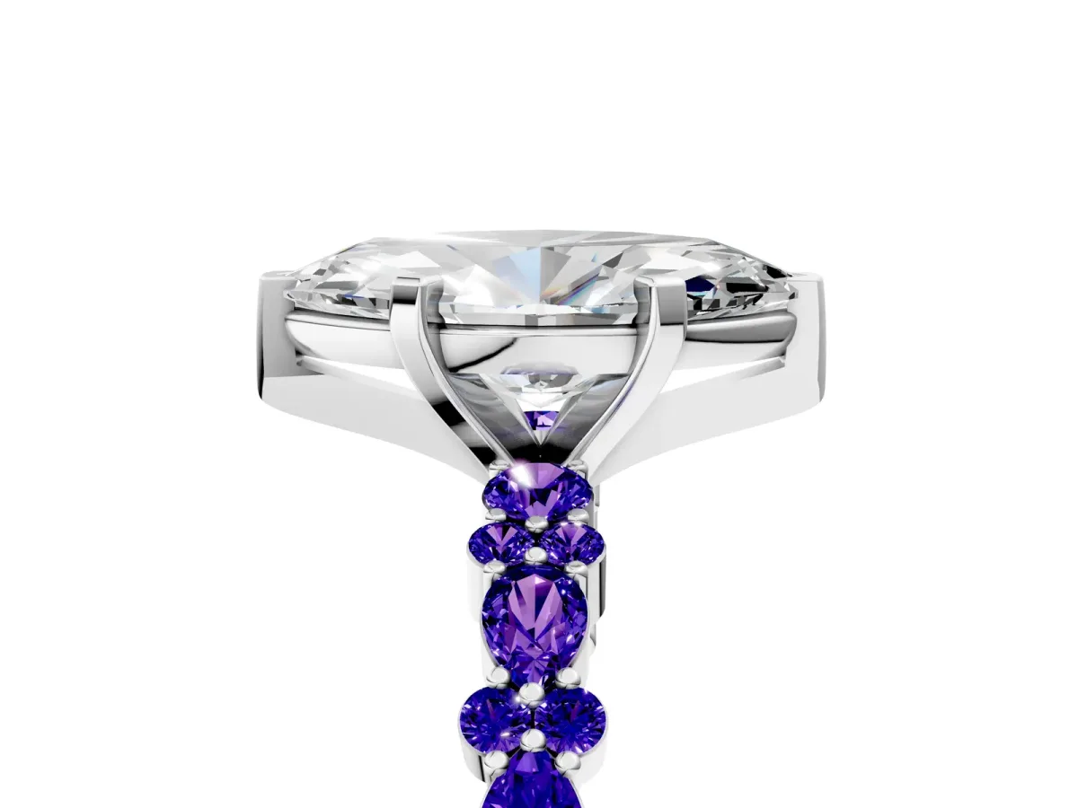 Marquise Cut Diamond Side Stone Solitaire Ring with Round Tanzanite and Four-Prong Setting Silver