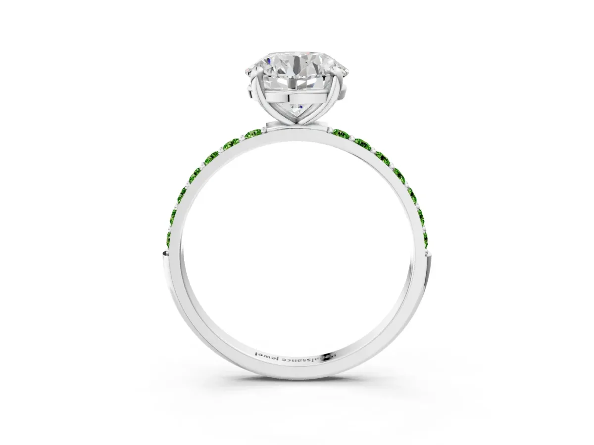 Round Cut Diamond Solitaire Ring with Round Peridot Pavé Band and Prong Setting Silver